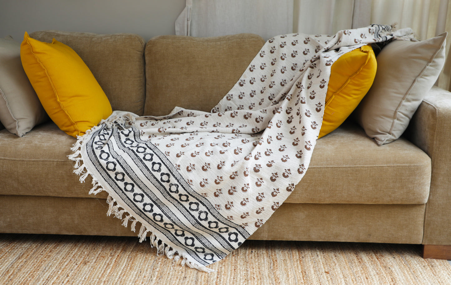 Floral Beige Organic Jute Cotton Sofa Throw