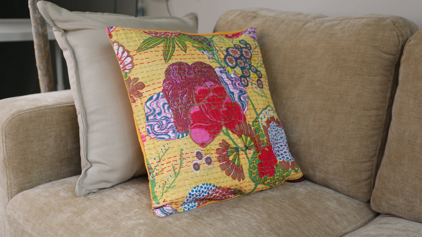 Kantha Elegance - Multicolored hand embroidered pure cotton based cushion sets