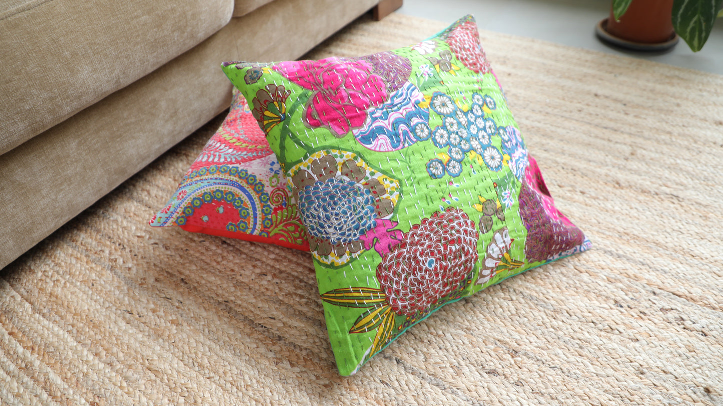 Kantha Elegance - Multicolored hand embroidered pure cotton based cushion sets