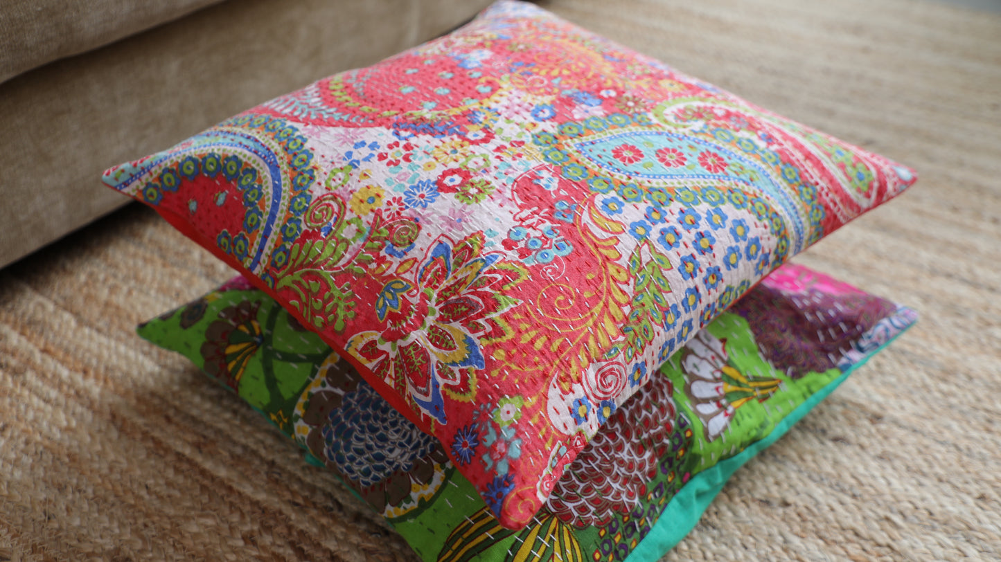 Kantha Elegance - Multicolored hand embroidered pure cotton based cushion sets