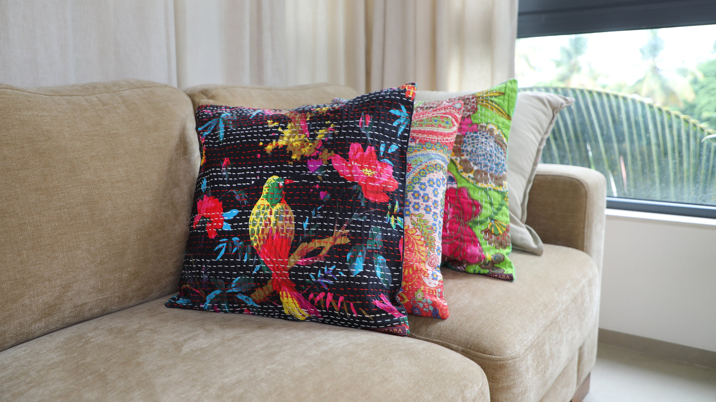 Kantha Elegance - Multicolored hand embroidered pure cotton based cushion sets