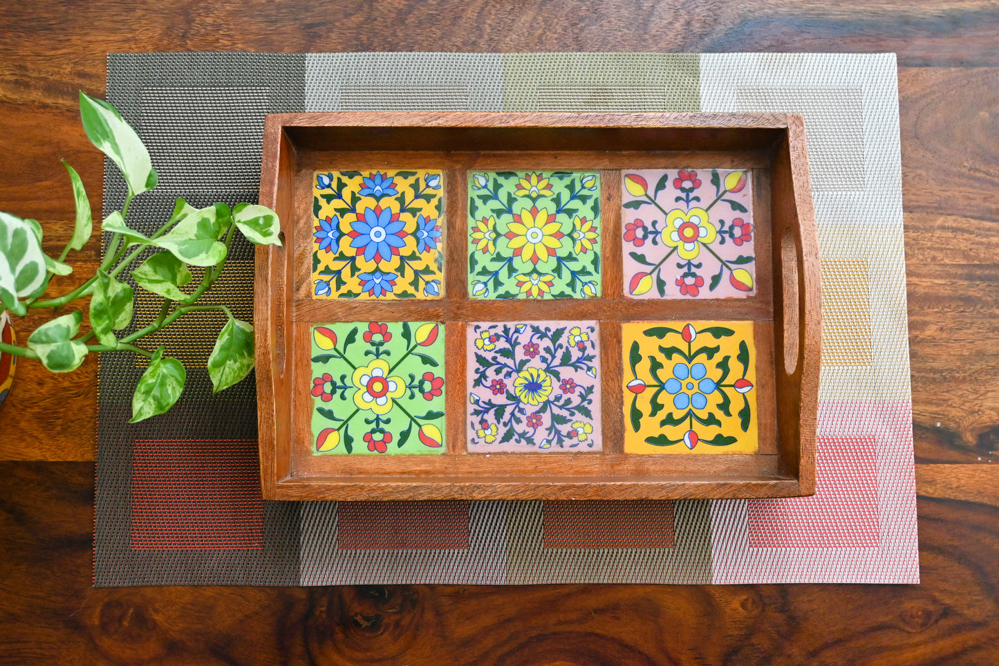 Timeless Mosaic: Handcrafted Sheesham Tray (Serves 6)