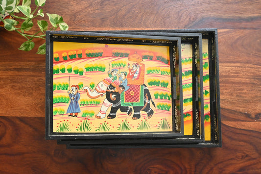 Antique King Procession Handpainted Wooden Tray - Set of 3