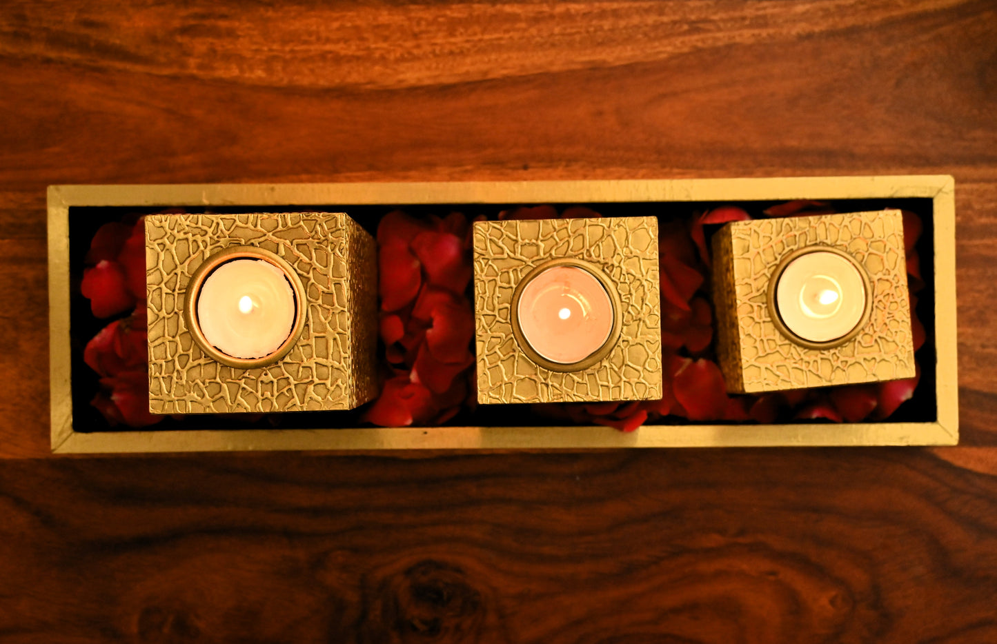 Golden 3 Tea Light Candle Holders with tray