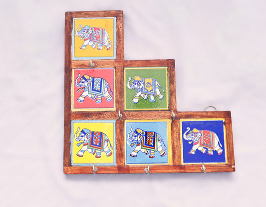 Wooden Elephant Tiled Key Holder