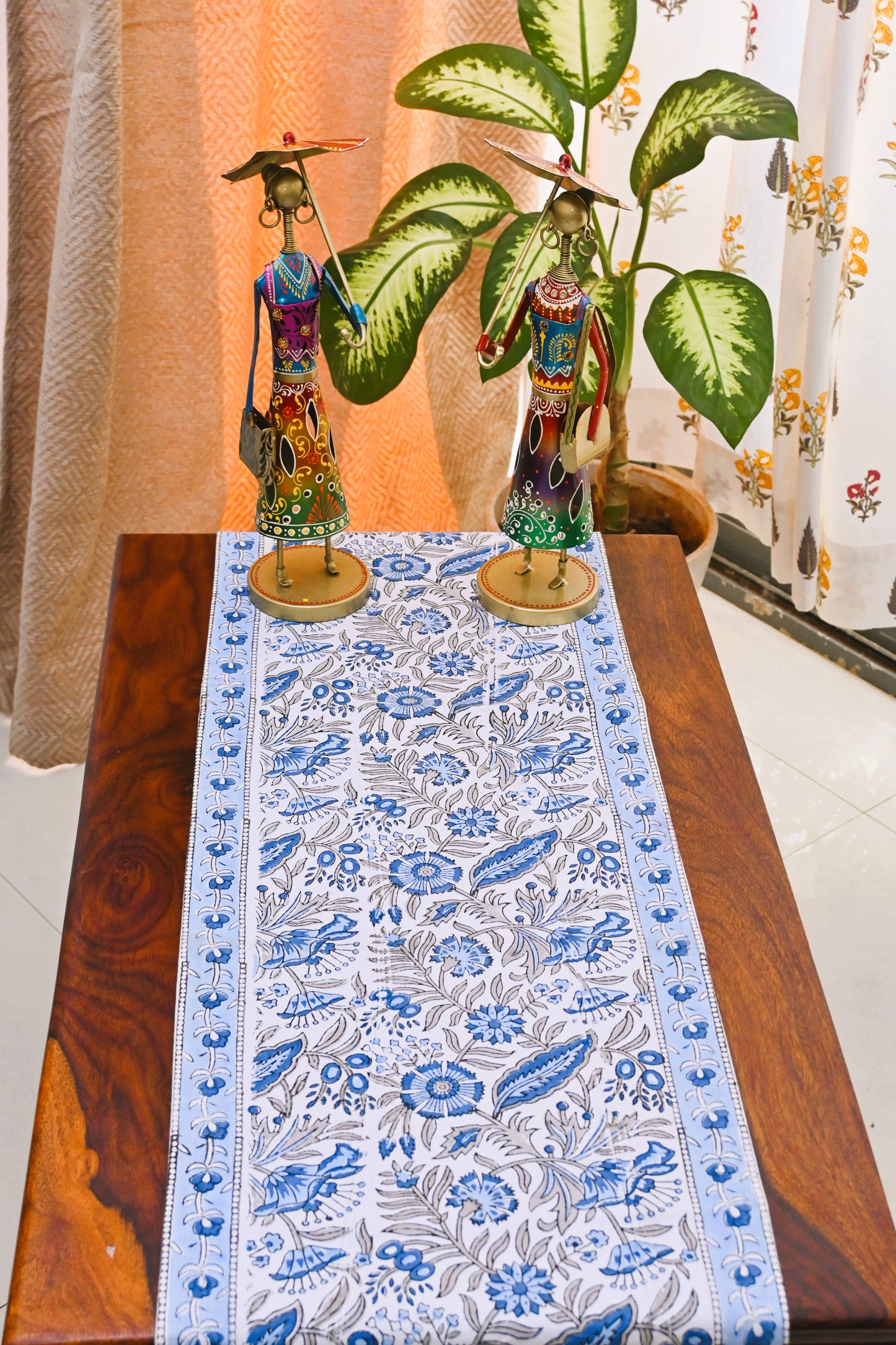 Floral Blue Handblock Print Table Runner