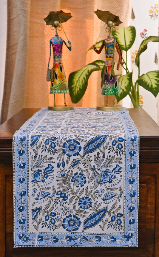 Floral Blue Handblock Print Table Runner