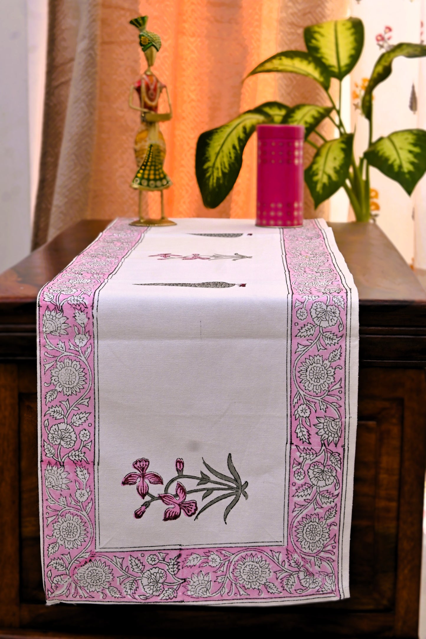 Pink Handblock Print Table Runner