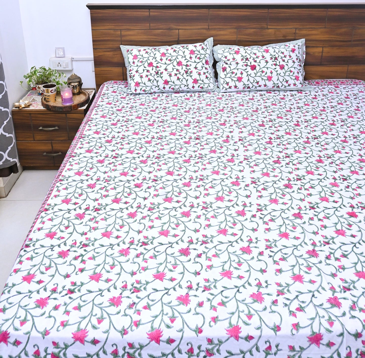 Flower Shower Percale Cotton Bed Spread Handblock Design (King Size)