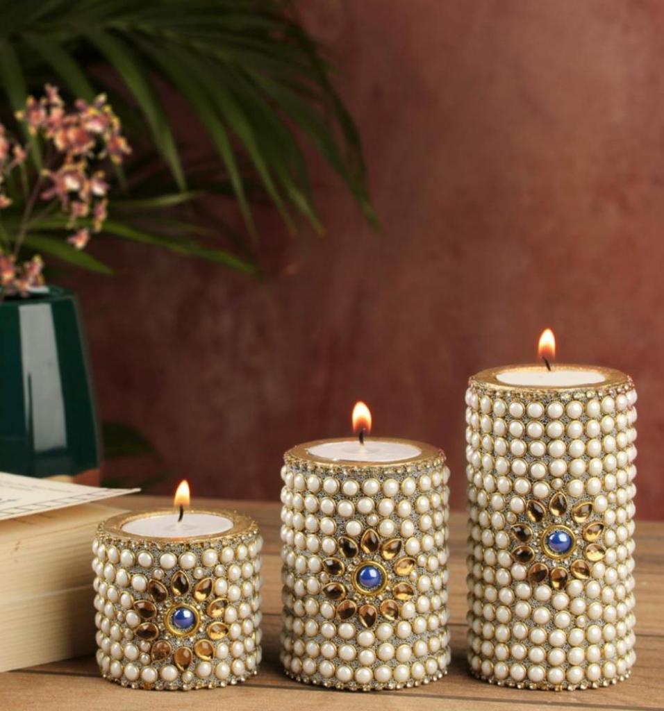 Exclusive Handmade beaded Pearl Tealight Candle set of 3