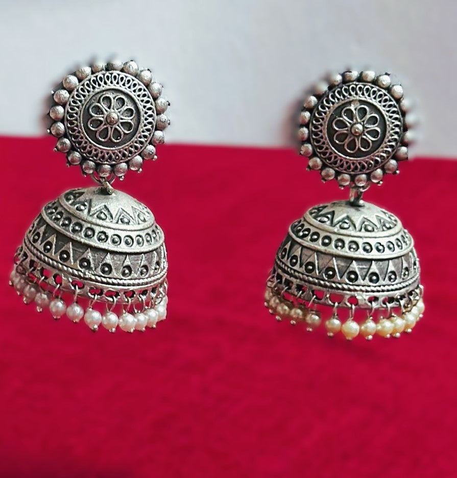 Oxidized Silver Jhumkas – Handcrafted Boho Earrings