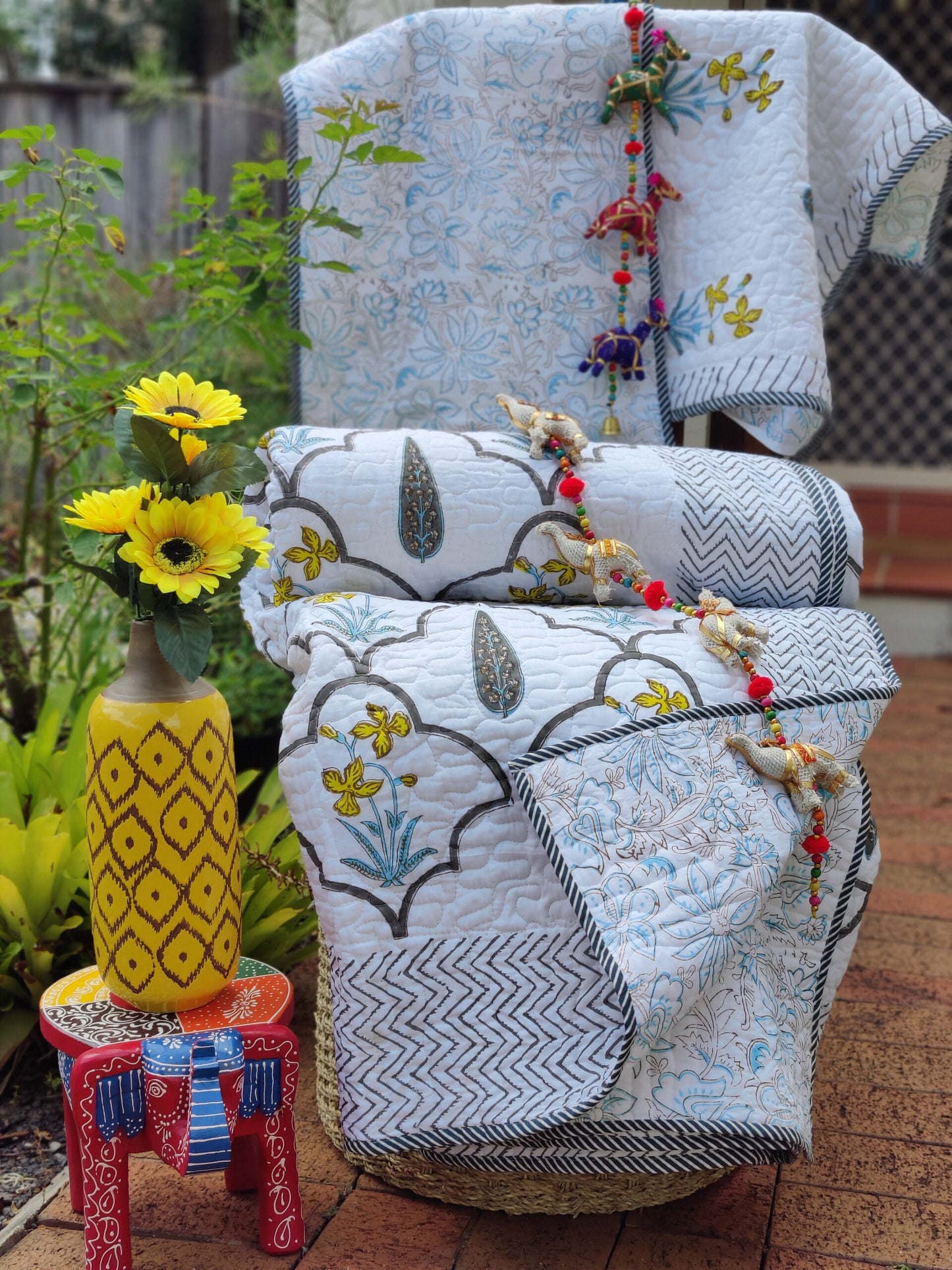 Floral Cloud Cuddler - Quilted Cotton Handblock Print Comforter Set with 2 Pillow Covers