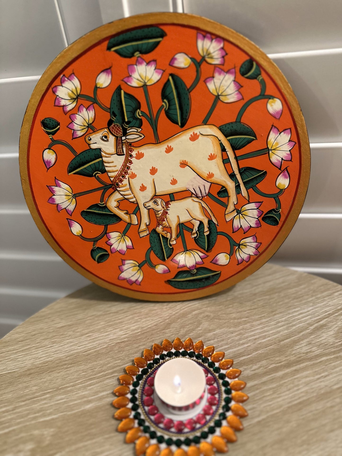 Traditional Pichwai cow-calf wooden Wall Art