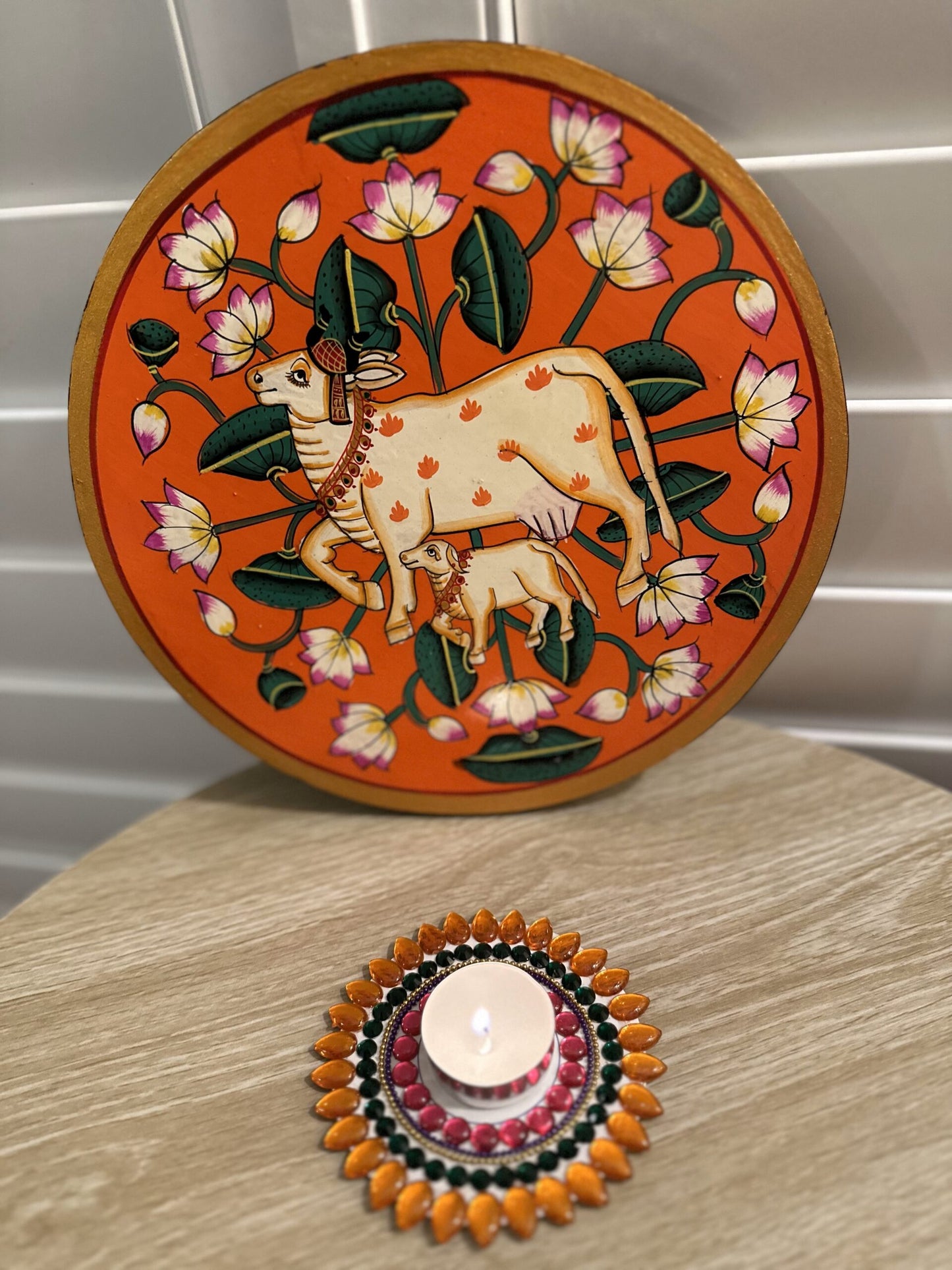 Traditional Pichwai cow-calf wooden Wall Art