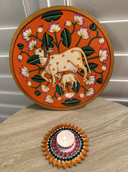 Traditional Pichwai cow-calf wooden Wall Art