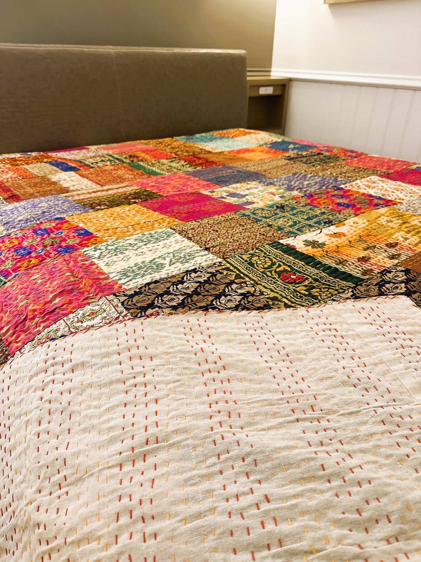 Kantha Vintage Look Silk Boho Bedspread – King Bed