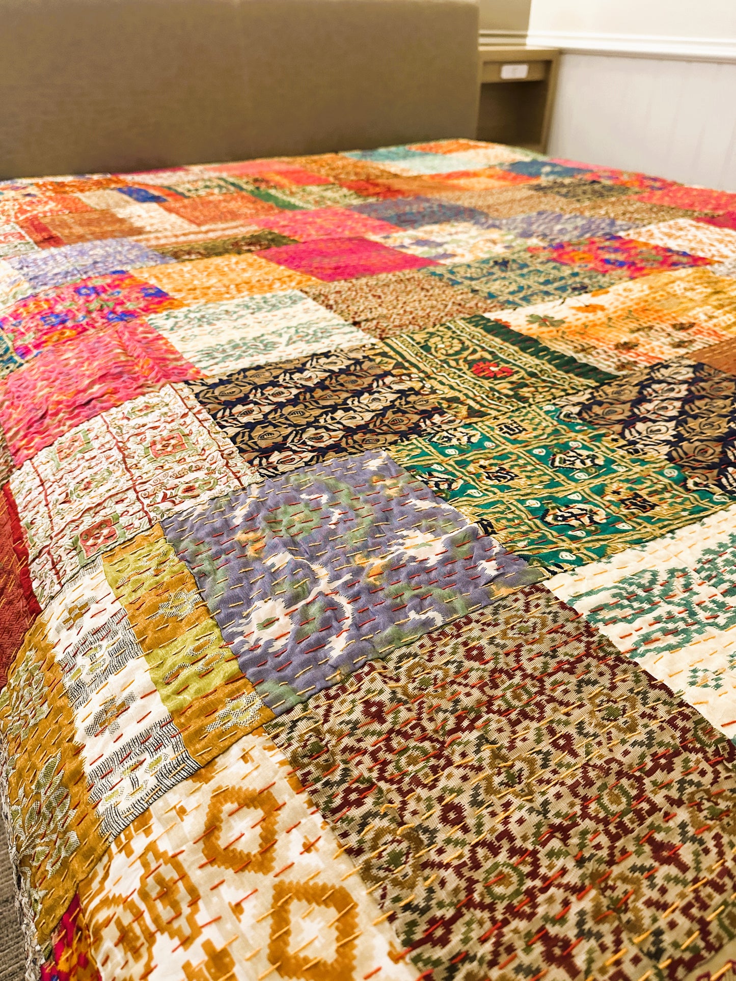 Kantha Vintage Look Silk Boho Bedspread – King Bed