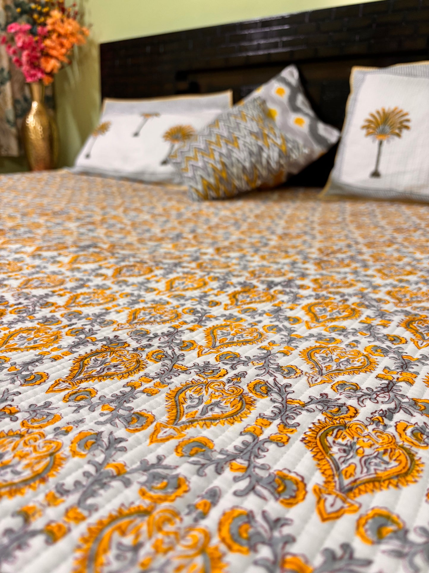 Golden Blossom Cloud Cuddler - Quilted Cotton Handblock Print Comforter Set with 2 Pillow Covers