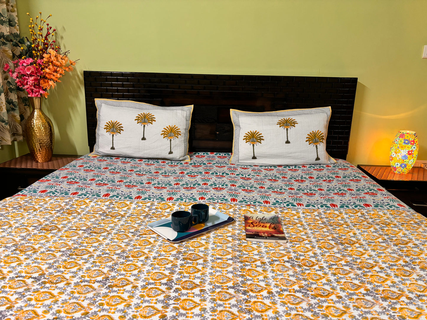 Golden Blossom Cloud Cuddler - Quilted Cotton Handblock Print Comforter Set with 2 Pillow Covers