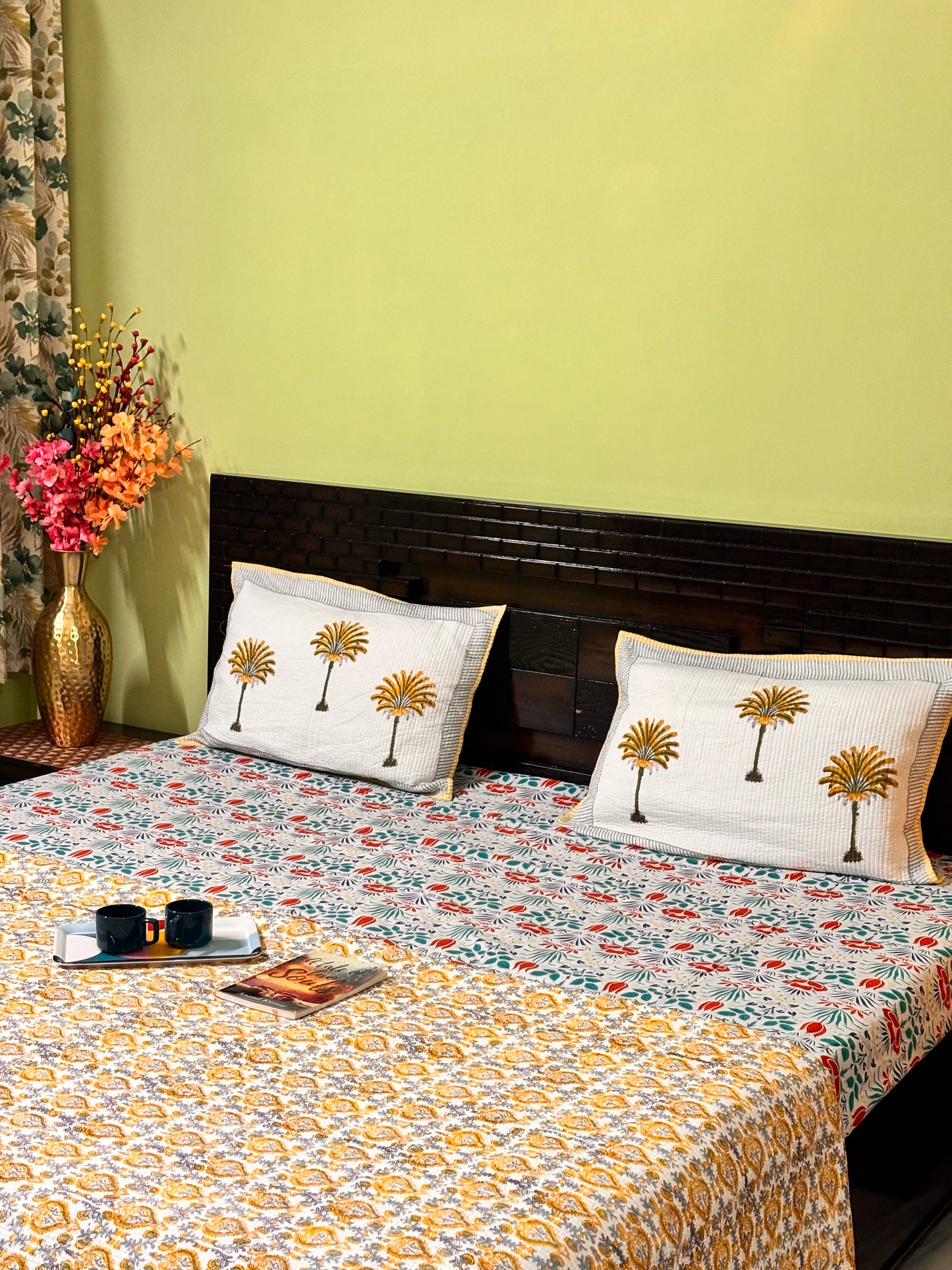 Golden Blossom Cloud Cuddler - Quilted Cotton Handblock Print Comforter Set with 2 Pillow Covers