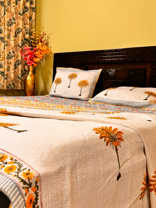 Golden Blossom Cloud Cuddler - Quilted Cotton Handblock Print Comforter Set with 2 Pillow Covers