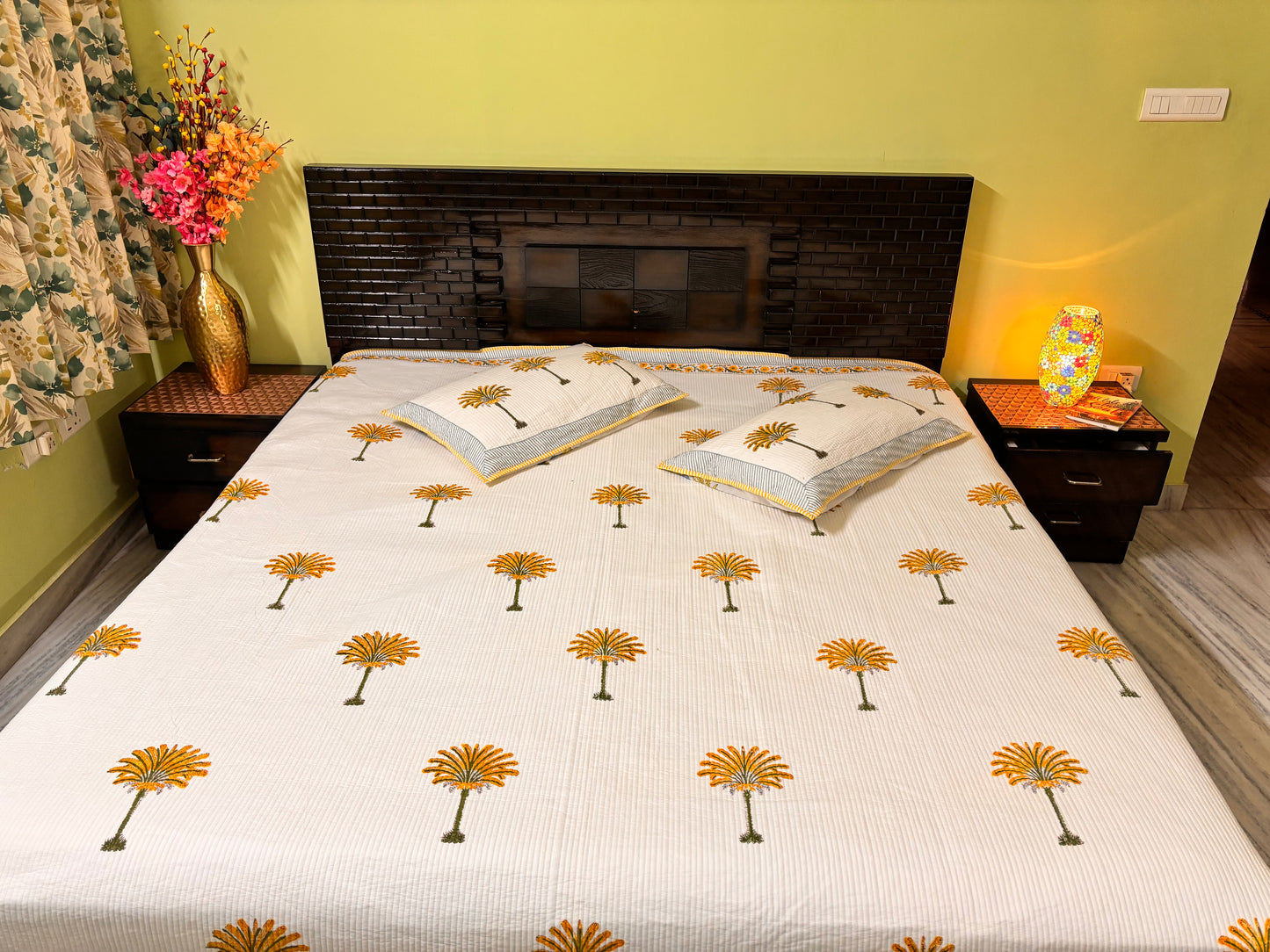 Golden Blossom Cloud Cuddler - Quilted Cotton Handblock Print Comforter Set with 2 Pillow Covers