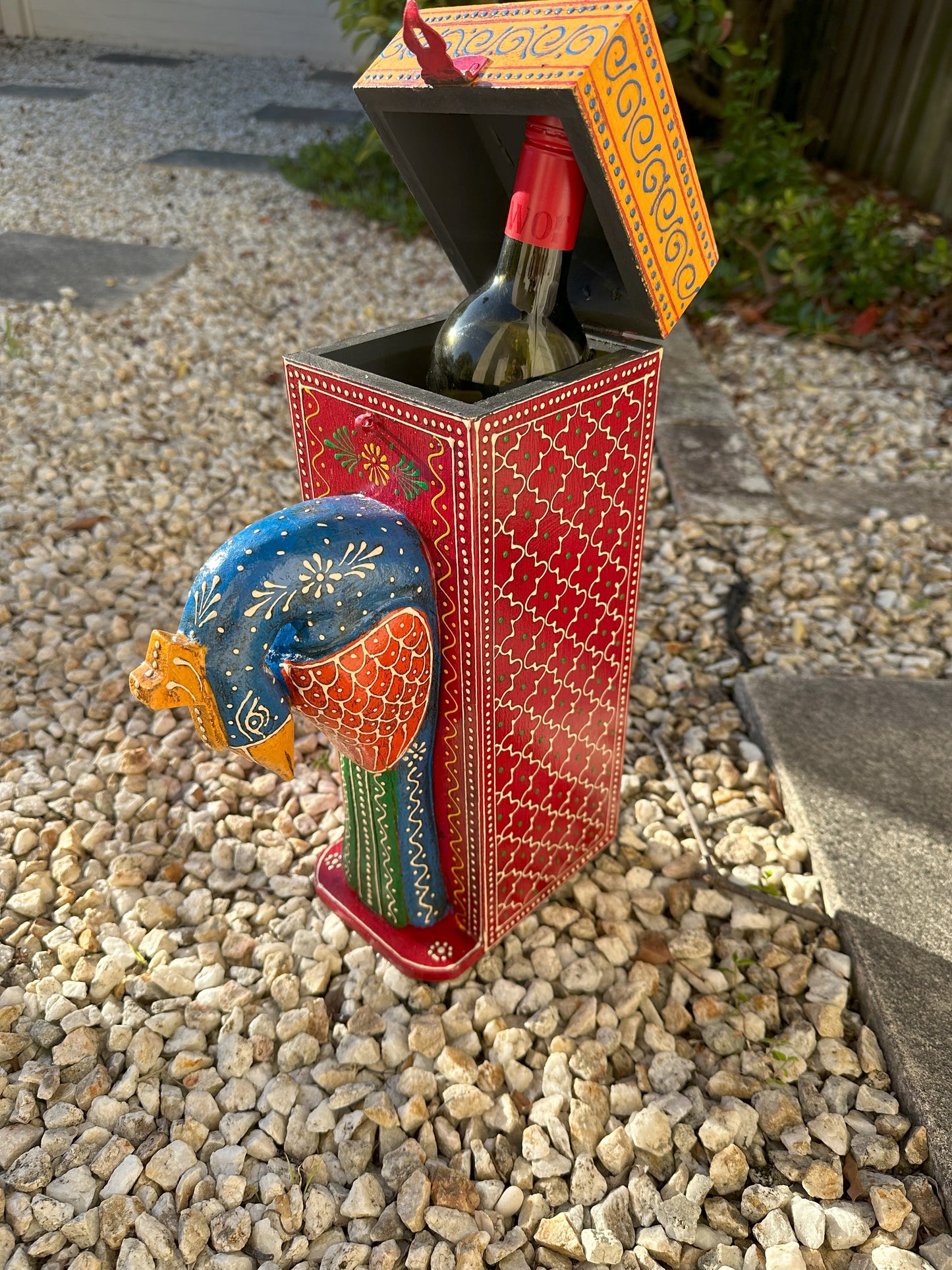 Handcrafted Wine Bottle Holder Box- Peacock