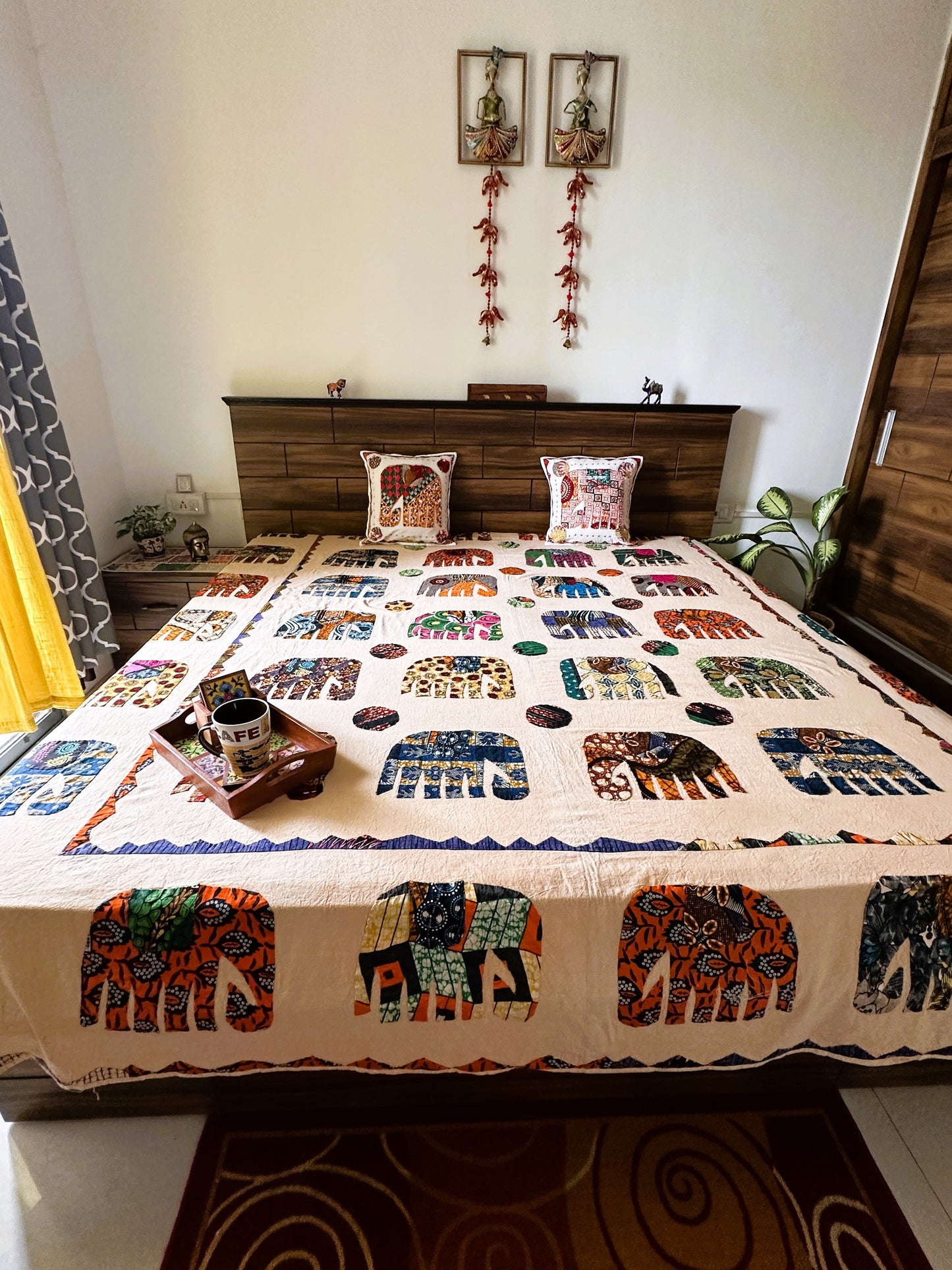 Boho Bedspread- Enchanted Elephant Patchwork Multicolor (King Size)