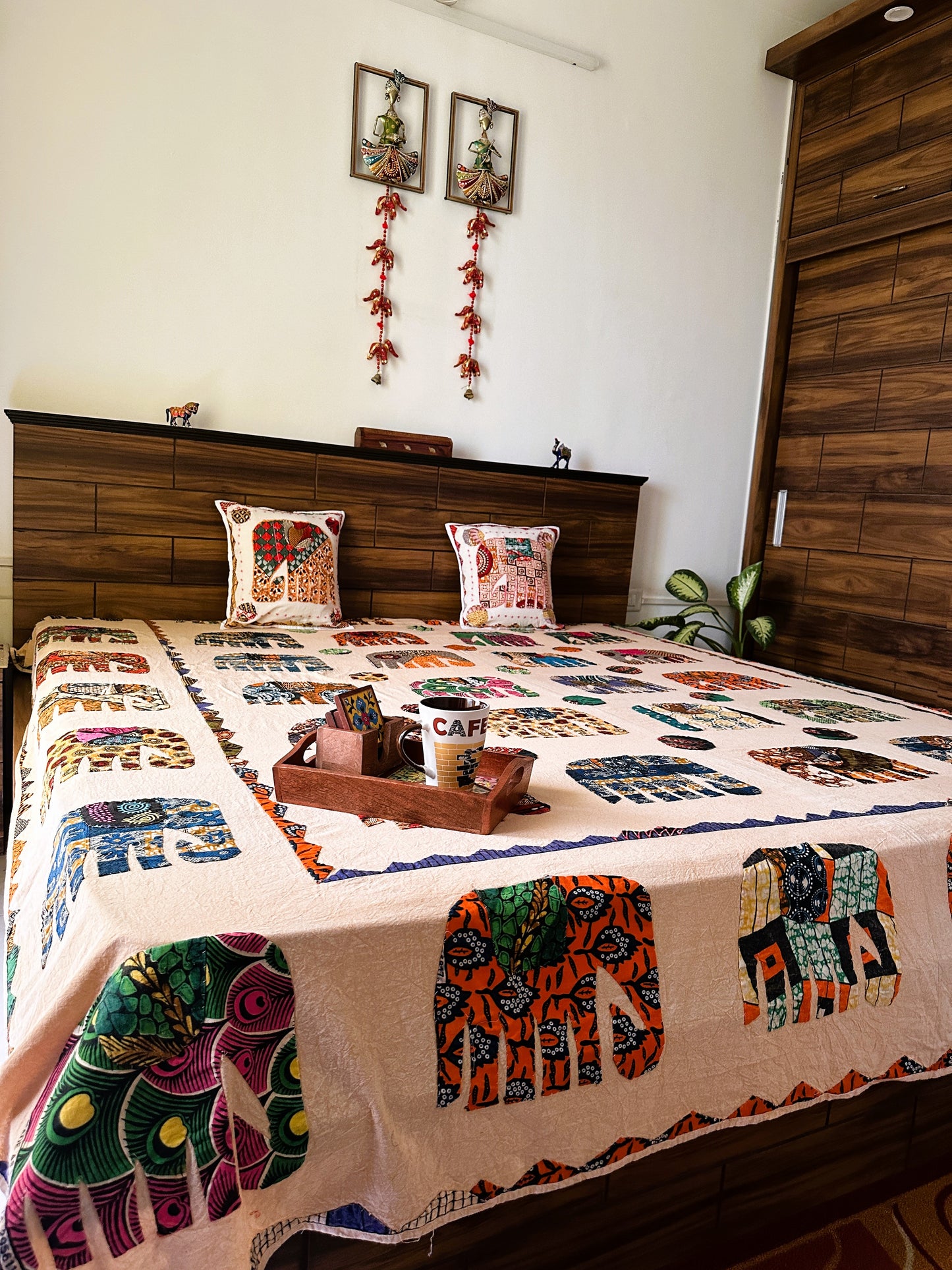 Boho Bedspread- Enchanted Elephant Patchwork Multicolor (King Size)