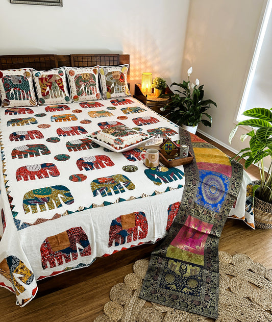 Boho Bedspread- Enchanted Elephant Patchwork Multicolor (King Size)