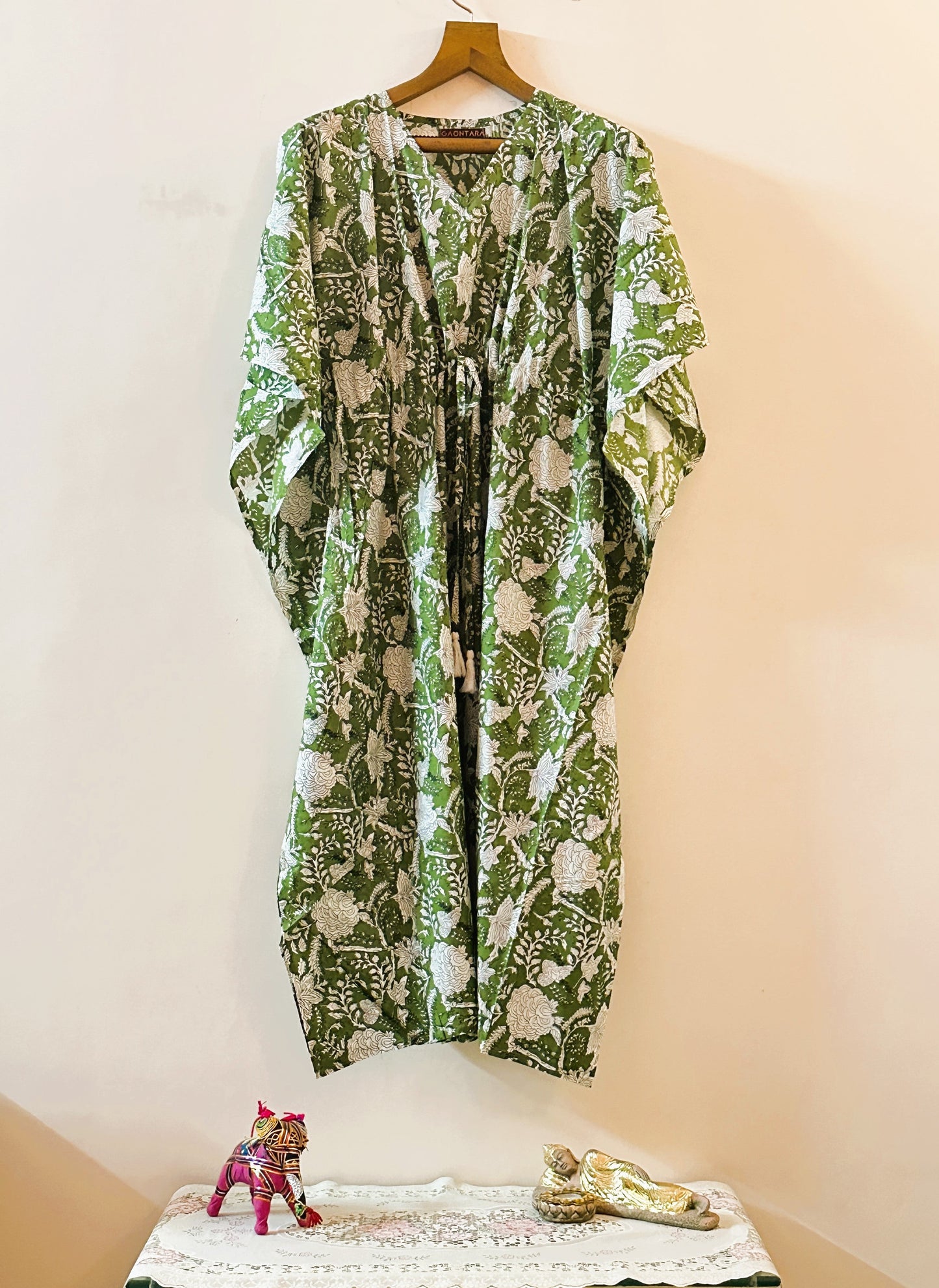 Meadow Bliss - Green Handblock Printed Cotton Long Kaftan