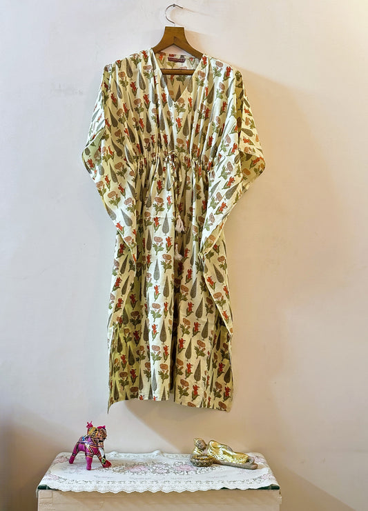 Vintage Floral Handblock Print Long Kaftan