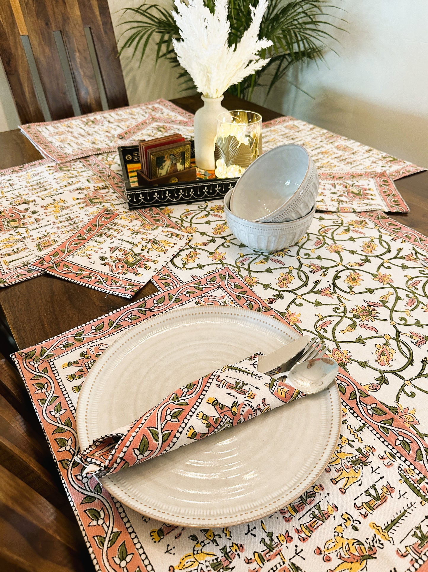 Elegant Cotton Handblock Print Table Setting Set - Pink