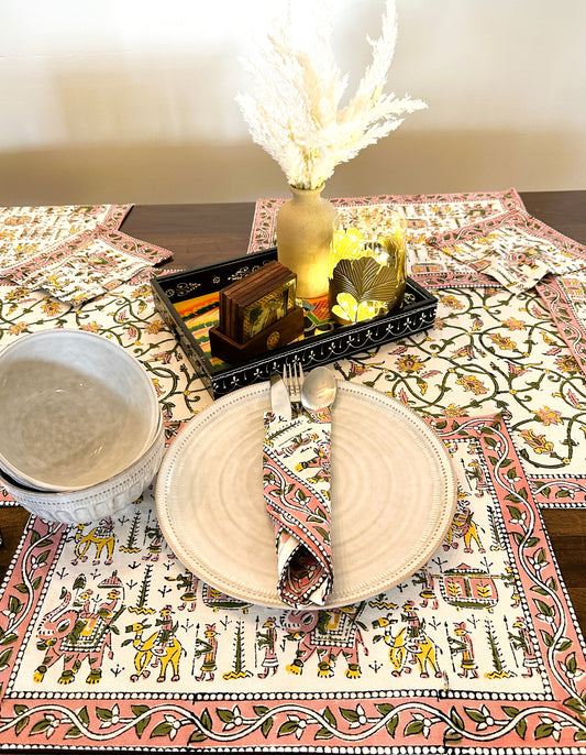 Elegant Cotton Handblock Print Table Setting Set - Pink