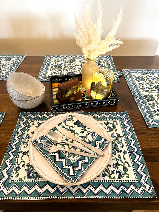 Elegant Cotton Handblock Print Table Setting Set - Teal Blue