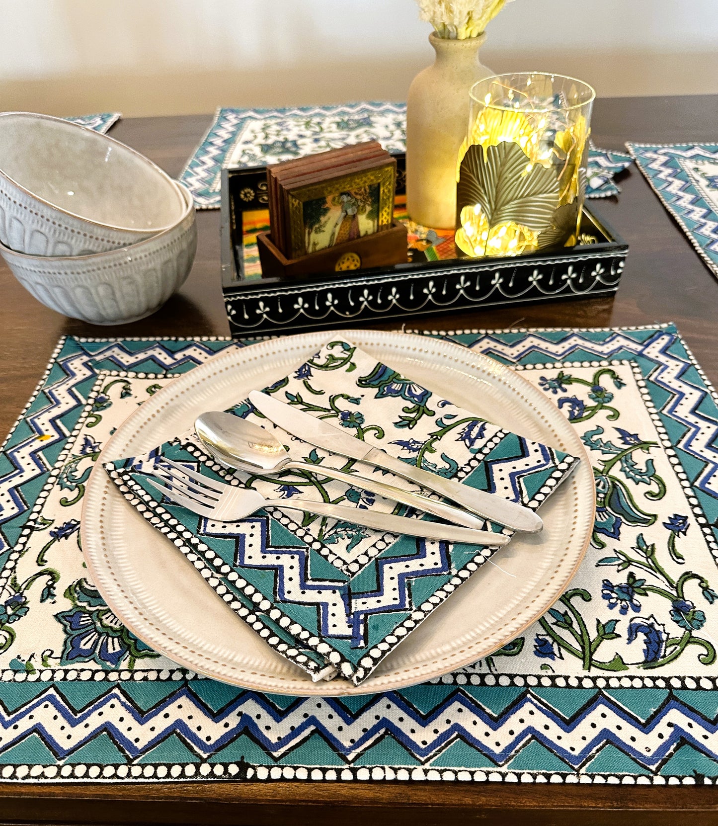 Elegant Cotton Handblock Print Table Setting Set - Teal Blue