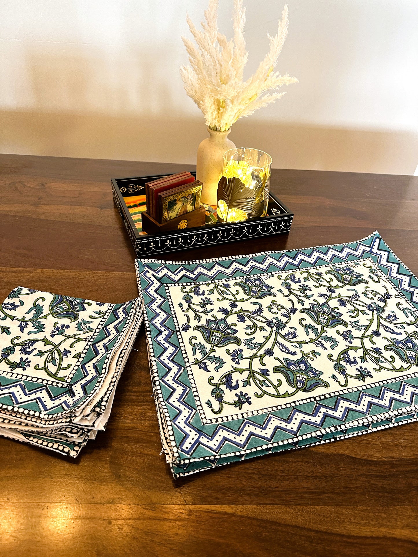 Elegant Cotton Handblock Print Table Setting Set - Teal Blue