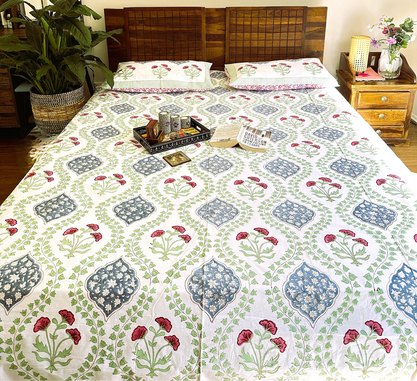 Percale Cotton Floral Bedspread Handblock Design (King Size)