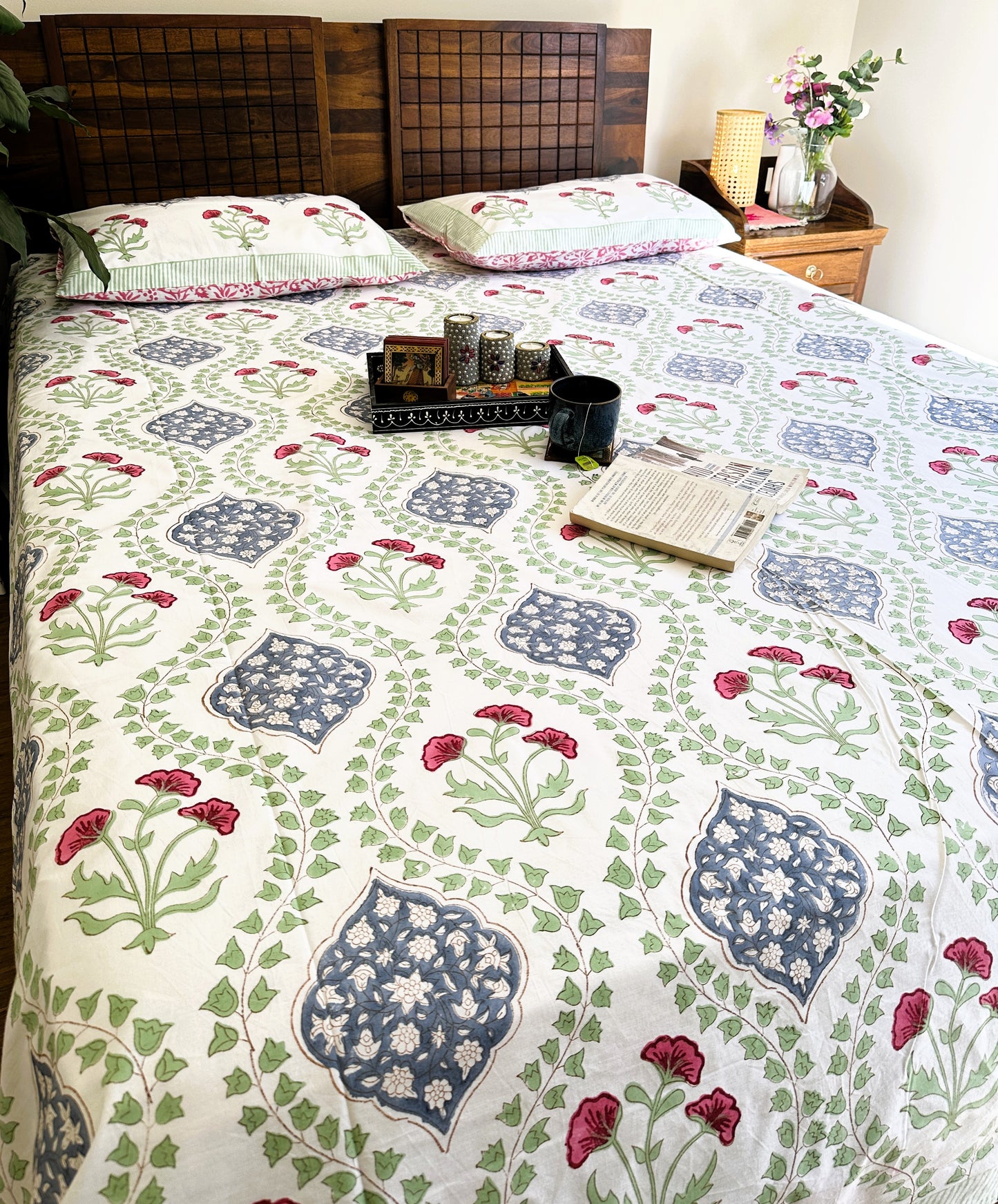 Percale Cotton Floral Bedspread Handblock Design (King Size)