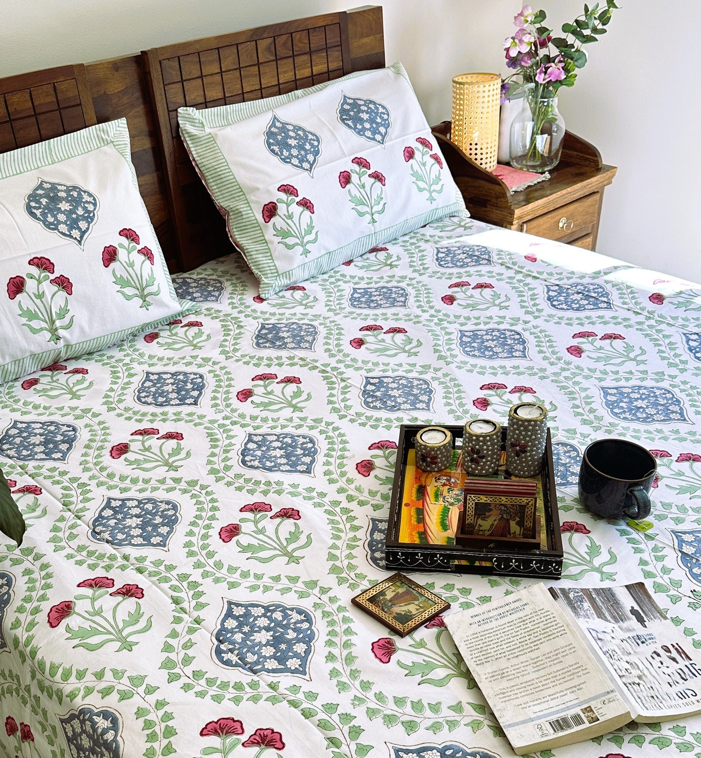 Percale Cotton Floral Bedspread Handblock Design (King Size)