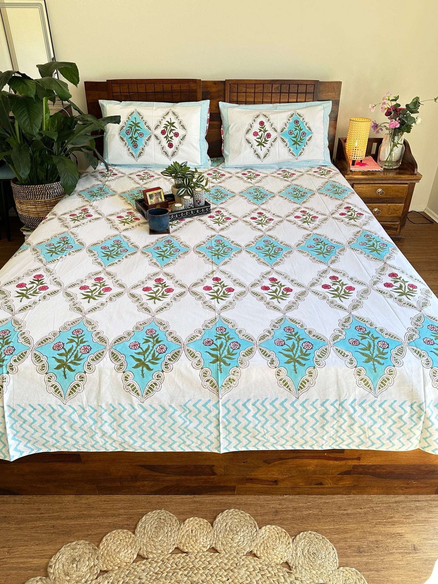 Percale Cotton Floral Bedspread Handblock Design (King Size)