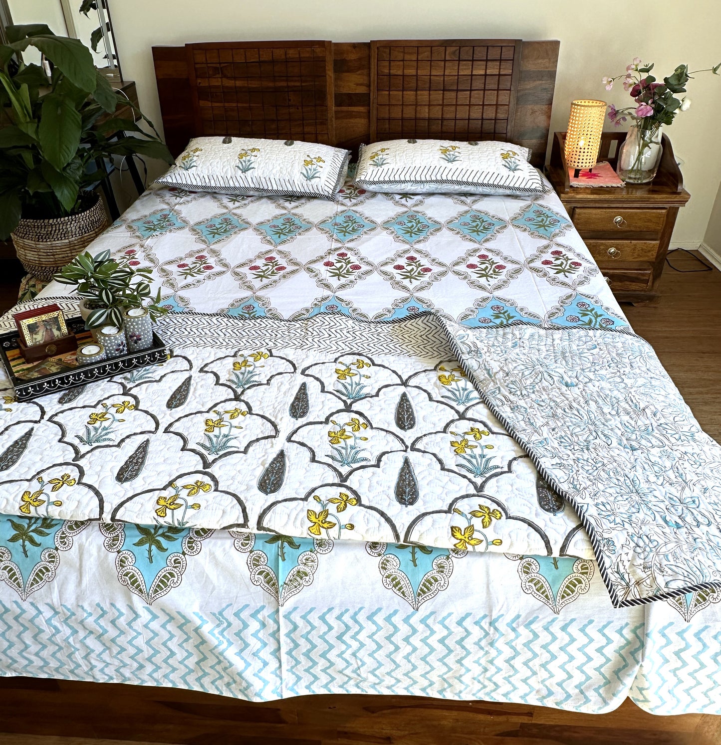 Floral Cloud Cuddler - Quilted Cotton Handblock Print Comforter Set with 2 Pillow Covers