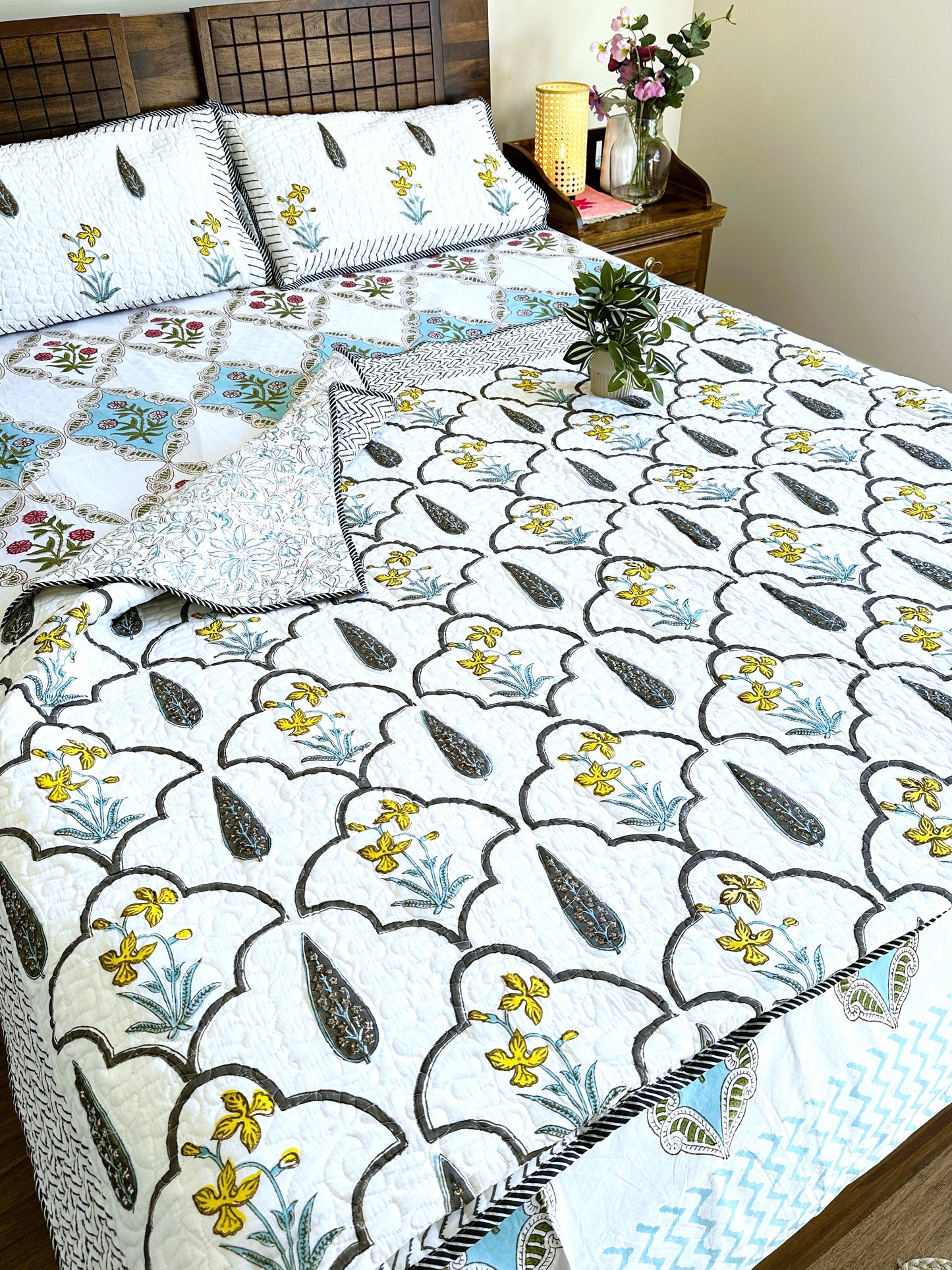 Floral Cloud Cuddler - Quilted Cotton Handblock Print Comforter Set with 2 Pillow Covers