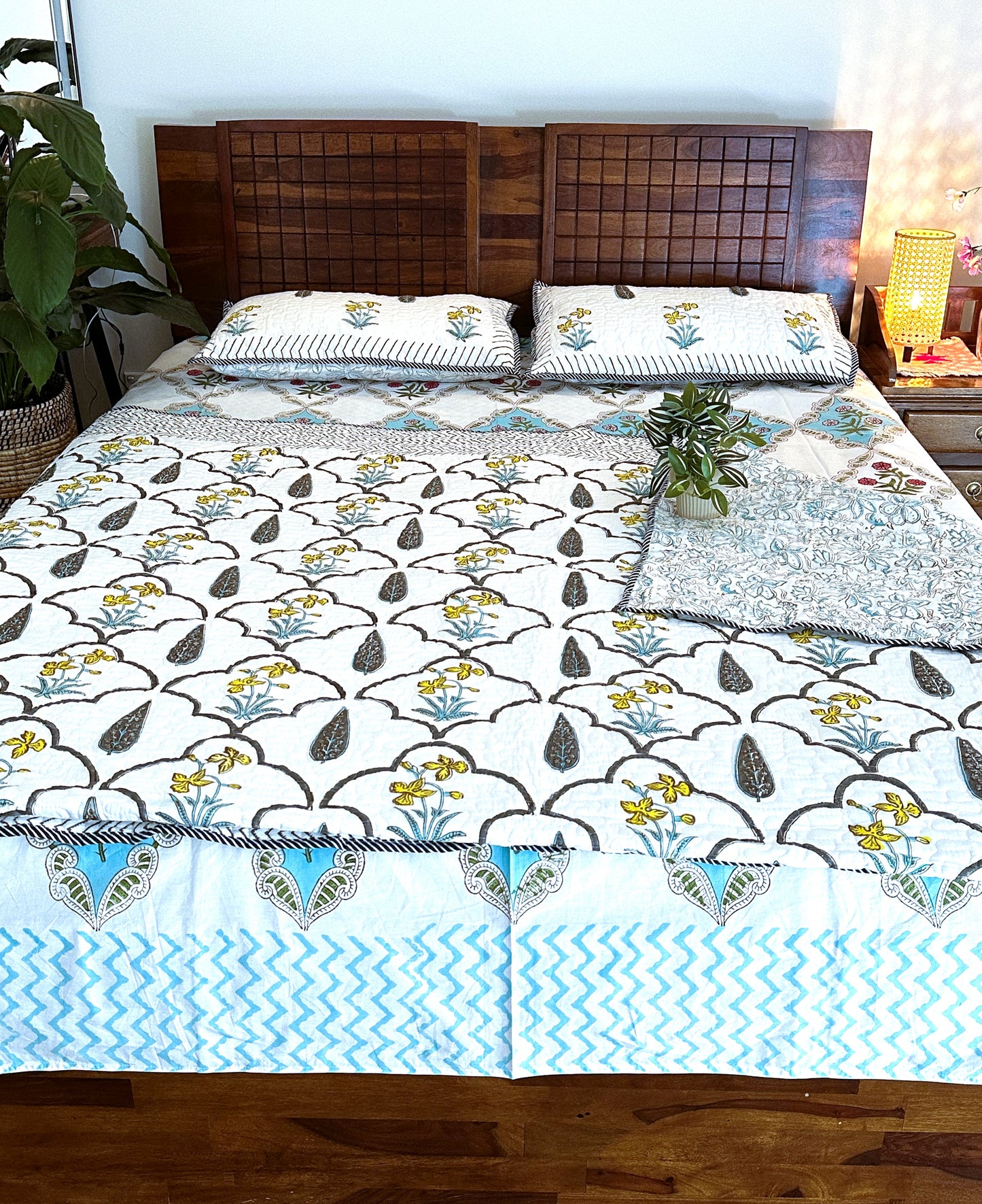 Floral Cloud Cuddler - Quilted Cotton Handblock Print Comforter Set with 2 Pillow Covers