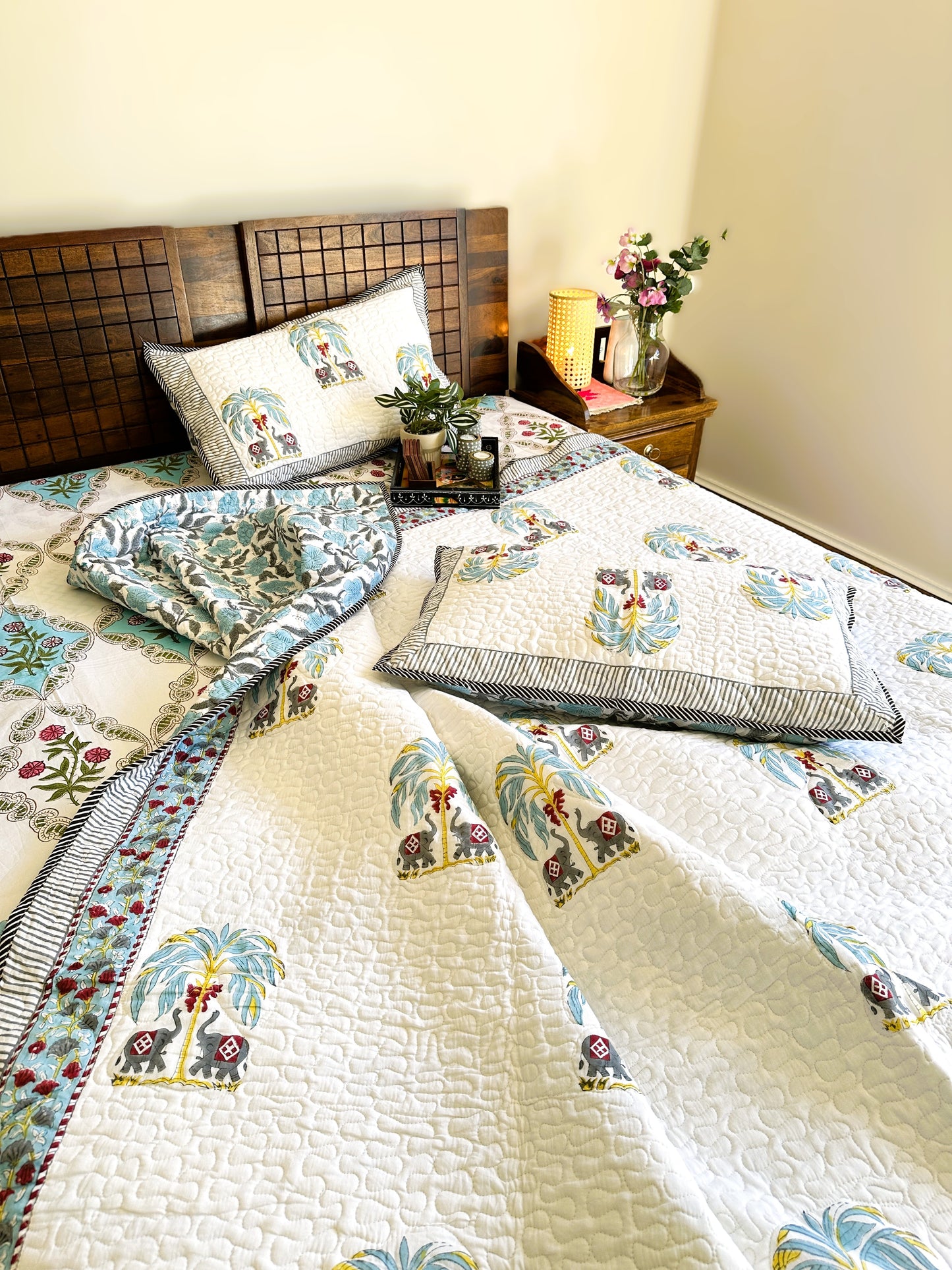 Royal Majesty Cloud Cuddler - Quilted Cotton Handblock Print Comforter Set with 2 Pillow Covers