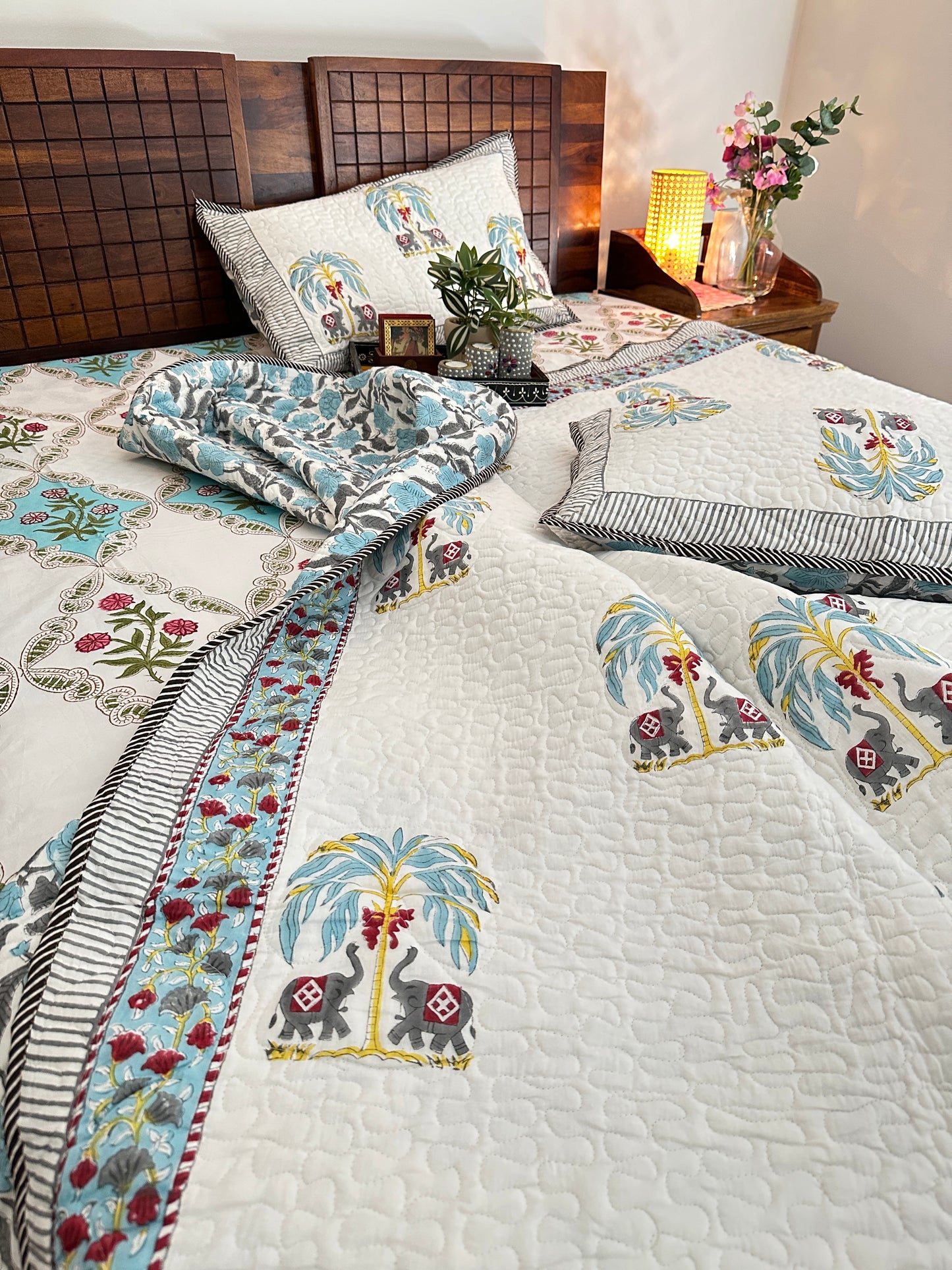 Royal Majesty Cloud Cuddler - Quilted Cotton Handblock Print Comforter Set with 2 Pillow Covers