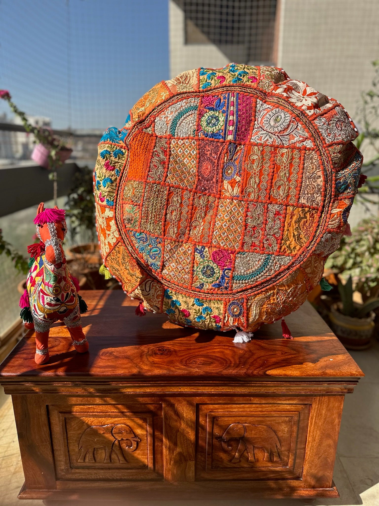 Antique Pouf with filling - Patchwork