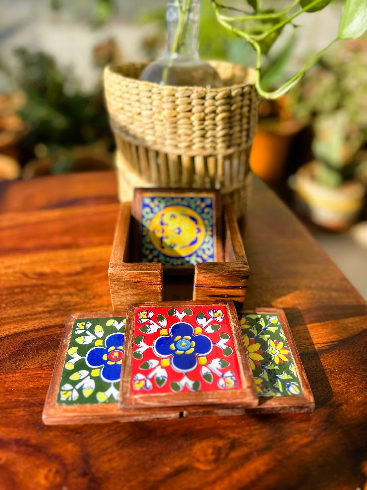 Vibrant Heritage Blue Pottery Wooden Coasters - set of 4