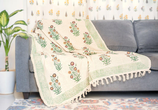 Leafy Organic Jute Cotton Handblock Print Handwoven Sofa Throw