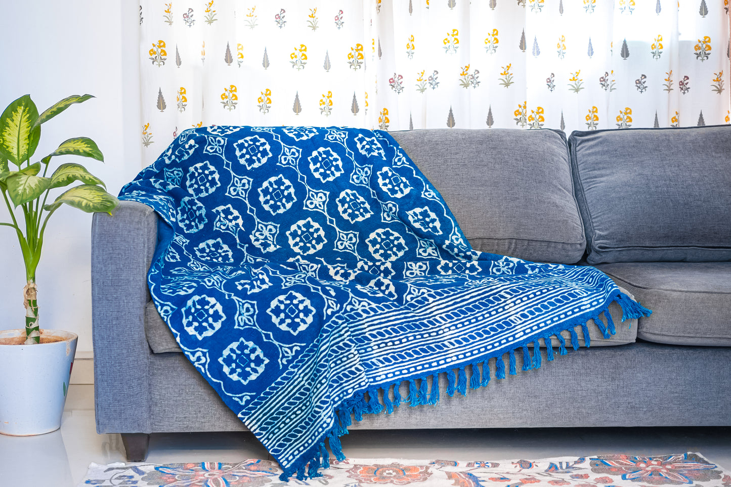 Indigo Mandala Organic Jute Cotton Sofa Throw